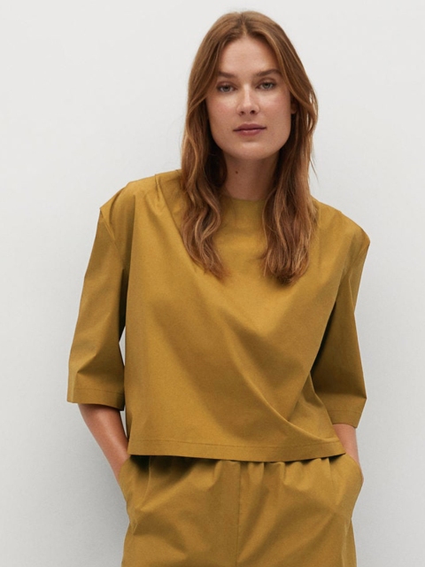 

MANGO Women Khaki Solid Sustainable Pleated Detail Top