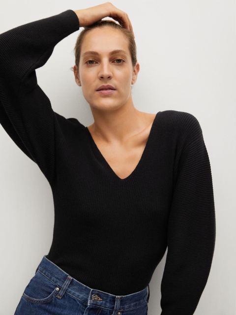 

MANGO Women Black Ribbed Pullover Sweater