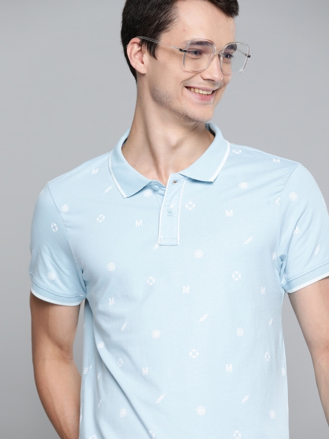 

Mast Harbour Men Blue White Printed Polo Collar Pure Cotton T-shirt