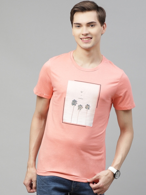 

Mast Harbour Men Peach-Coloured Off White Printed Pure Cotton T-shirt