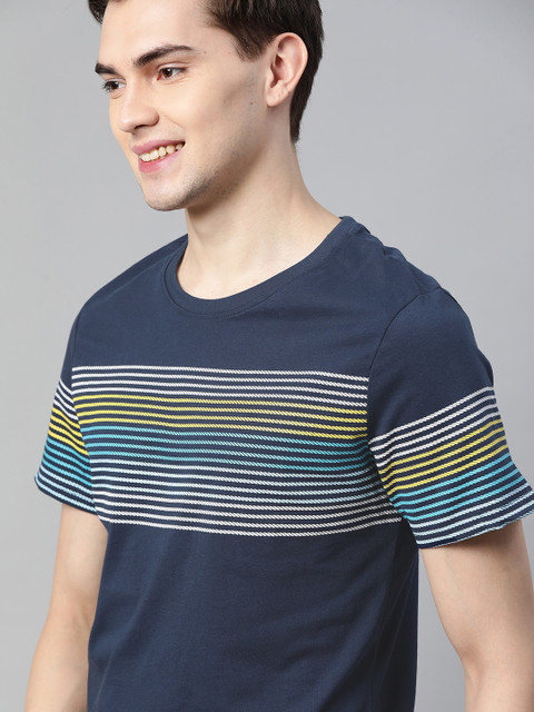 

Mast & Harbour Men Navy Blue & White Striped Pure Cotton Handcrafted T-shirt