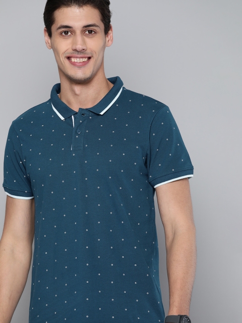 

Mast & Harbour Men Teal Blue Pure Cotton Printed Polo Collar T-shirt