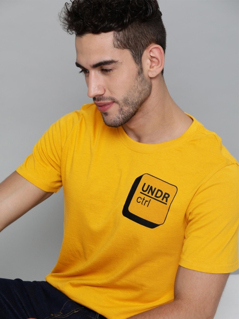 

Mast & Harbour Men Mustard Yellow Printed Detail Pure Cotton Round Neck T-shirt