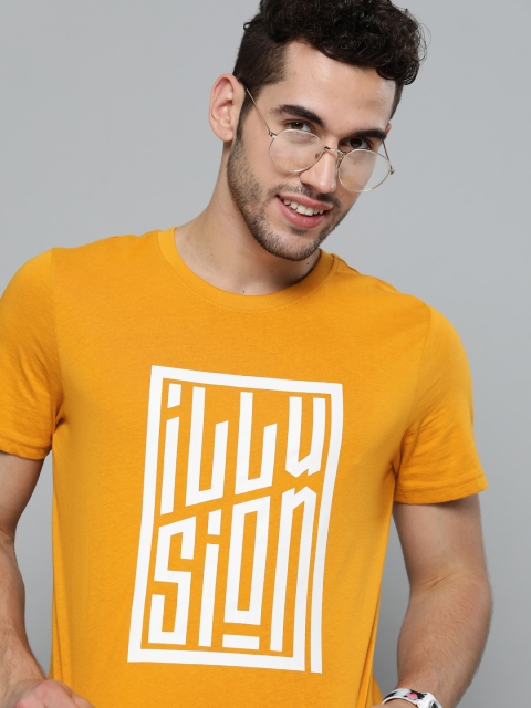 

Mast Harbour Men Mustard Yellow White Printed Round Neck Pure Cotton T-shirt