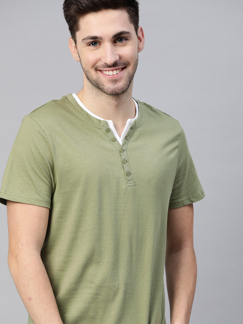 

Mast Harbour Men Olive Green Pure Cotton Henley Neck Handcrafted Pure Cotton T-shirt