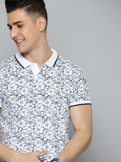 

Mast & Harbour Men White & Navy Blue Pure Cotton Floral Printed Polo Collar T-shirt