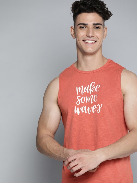 

Mast & Harbour Men Peach-Coloured & White Pure Cotton Typography Printed T-shirt