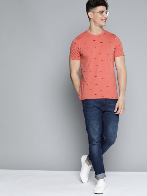 

Mast & Harbour Men Coral Pink & Black Pure Cotton Printed T-shirt