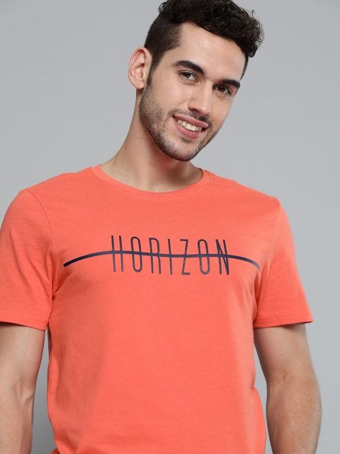 

Mast Harbour Men Coral Pink Navy Blue Printed Round Neck Pure Cotton T-shirt