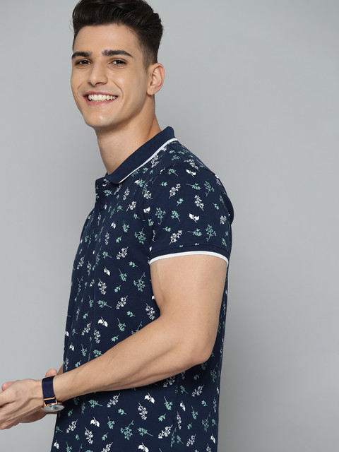 

Mast & Harbour Men Navy Pure Cotton Floral Print Polo Collar T-shirt, Navy blue