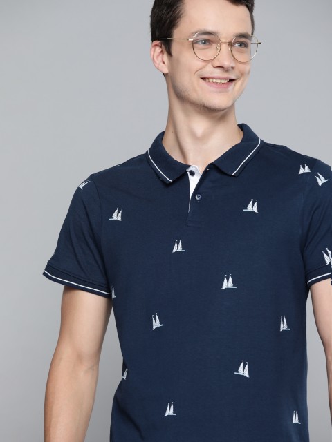 

Mast Harbour Men Navy Blue White Pure Cotton Printed Polo Collar Pure Cotton T-shirt