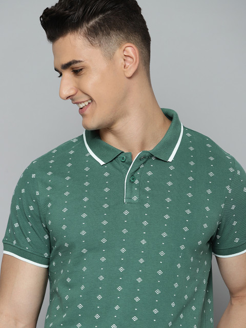 

Mast & Harbour Men Green & Off-White Pure Cotton Printed Polo Collar T-shirt