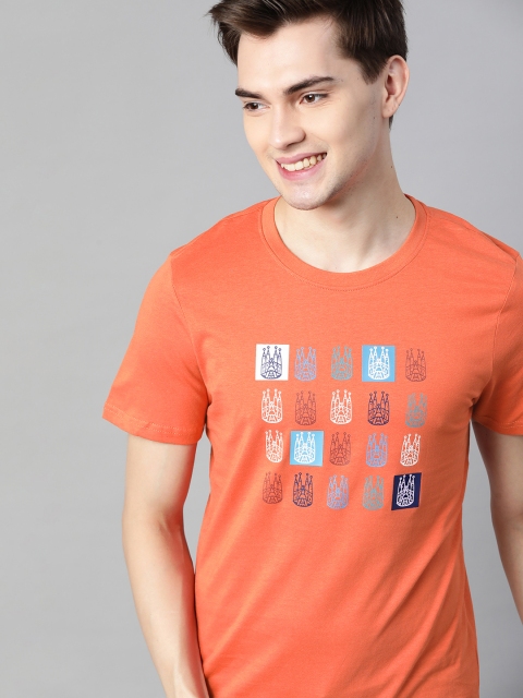 

Mast & Harbour Men Orange & Blue Printed Handcrafted Pure Cotton T-shirt