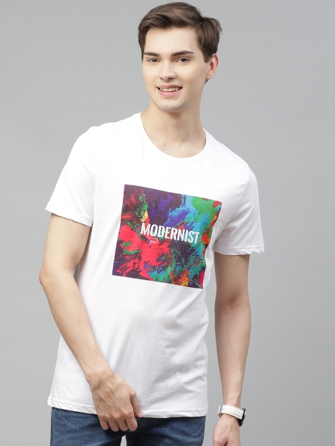 Mast & Harbour Men White & Pink Pure Cotton Typography Printed T-shirt