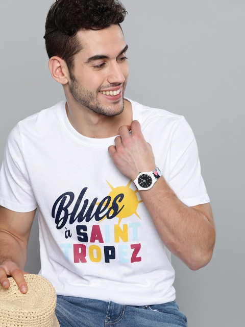 

Mast & Harbour Men White & Blue Printed Pure Cotton Round Neck T-shirt