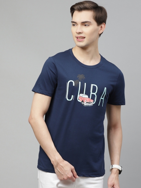 

Mast & Harbour Men Navy Blue & White Typography Printed Pure Cotton T-shirt