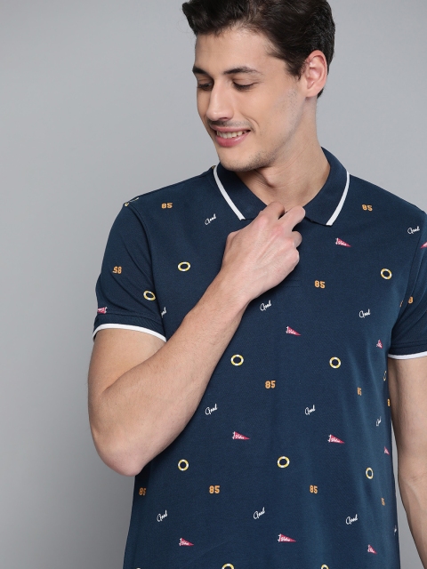 

Mast & Harbour Men Navy Blue Printed Pure Cotton Polo Collar T-shirt