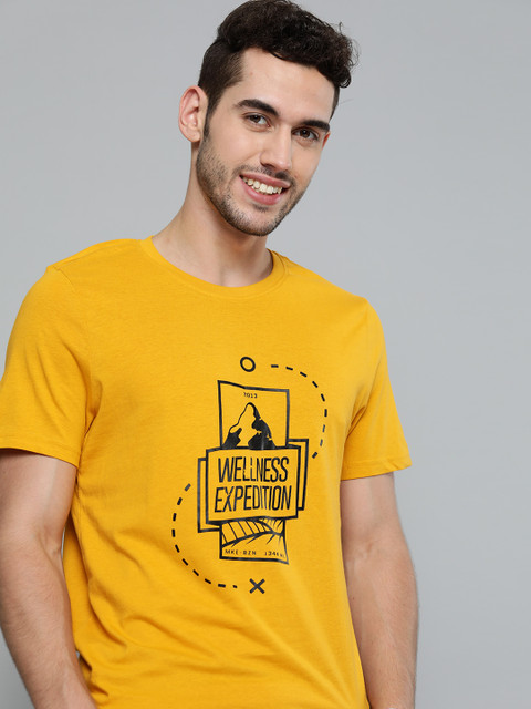 

Mast Harbour Men Mustard Yellow Black Printed Round Neck Pure Cotton T-shirt