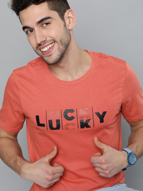 

Mast & Harbour Men Coral Pink & Black Printed Round Neck Pure Cotton T-shirt