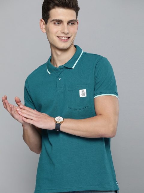 

Mast Harbour Men Teal Blue Pocket Detailing Pure Cotton Polo Collar Pure Cotton T-shirt