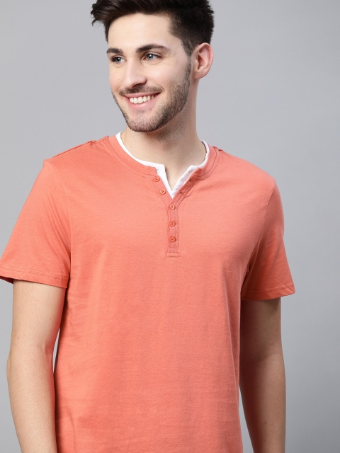 

Mast & Harbour Men Peach-Coloured Solid Pure Cotton Handcrafted Henley Neck T-shirt