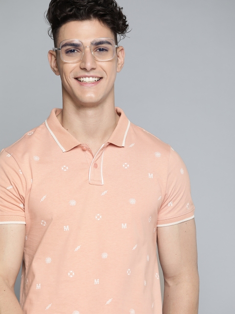 

Mast & Harbour Men Peach-Coloured & White Pure Cotton Printed Polo Collar T-shirt