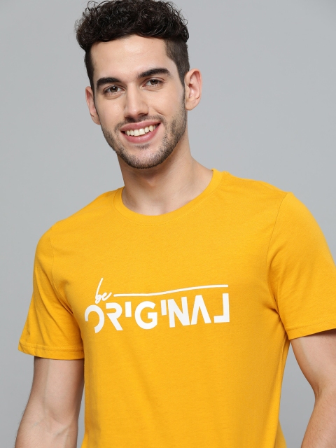 

Mast Harbour Men Mustard Yellow White Printed Round Neck Pure Cotton T-shirt