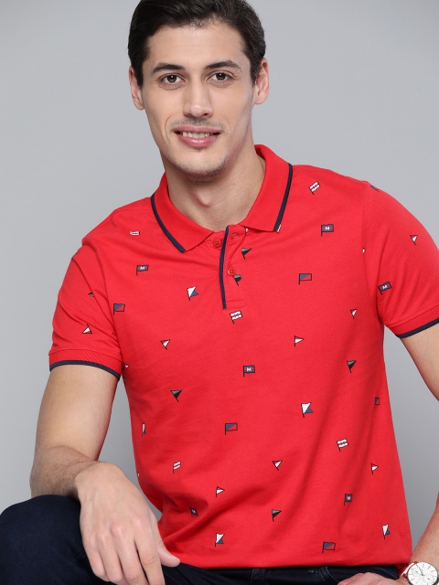 

Mast & Harbour Men Red & Navy Blue Printed Pure Cotton Polo Collar T-shirt
