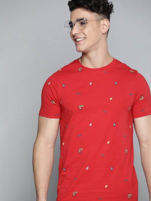 

Mast & Harbour Men Red & Mustard Yellow Pure Cotton Printed T-shirt