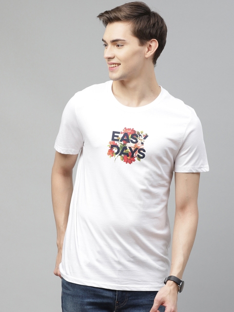 Mast & Harbour Men White Handcrafted Typography Printed Pure Cotton T-shirt