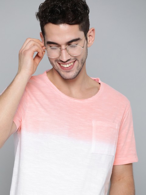 

Mast & Harbour Men White & Pink Pure Cotton Dyed Round Neck T-shirt