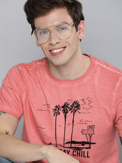 

Mast & Harbour Men Peach-Coloured Printed Round Neck T-shirt