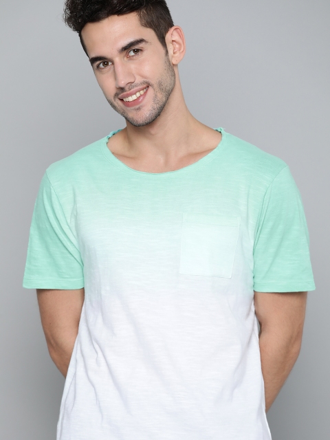 

Mast & Harbour Men White & Sea Green Ombre Dyed Pure Cotton Round Neck T-shirt