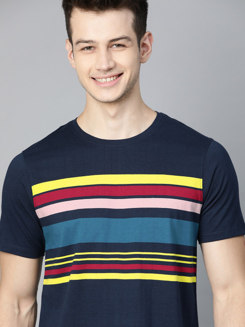 

Mast & Harbour Men Navy Blue & Yellow Striped Pure Cotton Handcrafted T-shirt