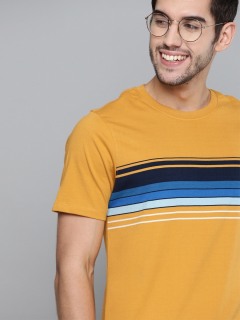 

Mast & Harbour Men Mustard Yellow & Blue Pure Cotton Striped T-shirt