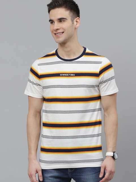 

Mast Harbour Men White Navy Blue Cotton Striped Round Neck Pure Cotton T-shirt