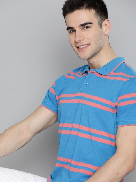 

Mast & Harbour Men Blue & Pink Striped Cotton Polo Collar T-shirt