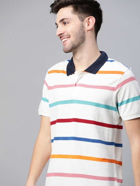 

Mast & Harbour Men White & Blue Striped Pure Cotton Handcrafted Polo Collar T-shirt
