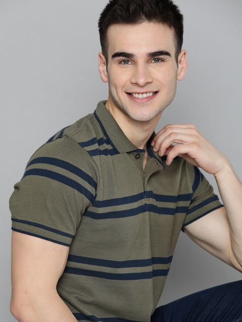

Mast & Harbour Men Olive Green & Navy Blue Pure Cotton Striped Polo Collar T-shirt