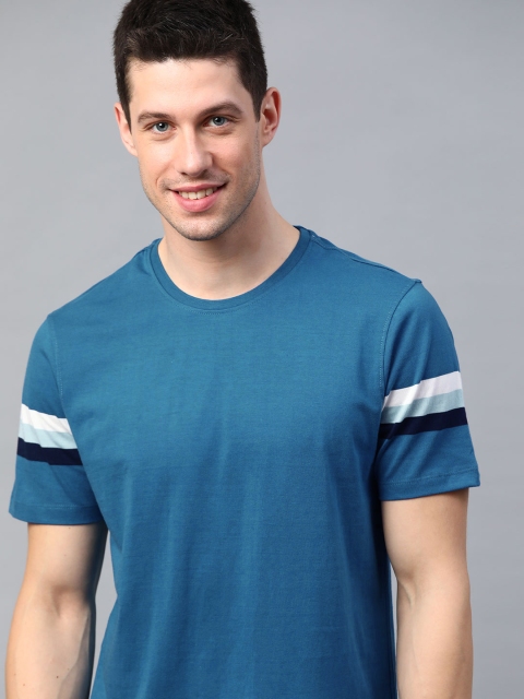 

Mast Harbour Men Blue Pure Cotton Handcrafted Pure Cotton T-shirt With Striped Sleeves