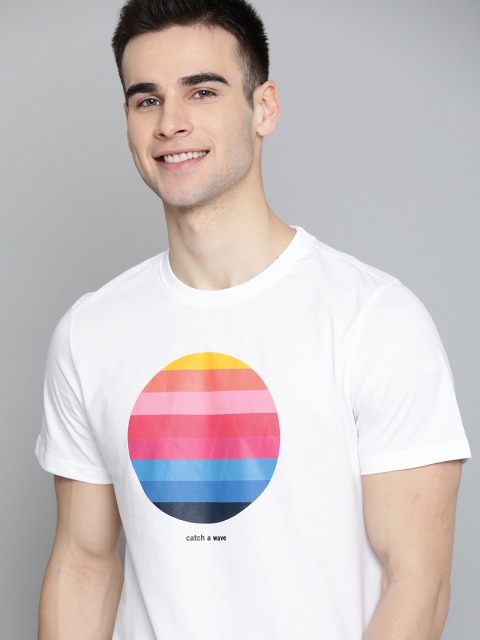 

Mast & Harbour Men White & Pink Printed Solid Round Neck T-shirt