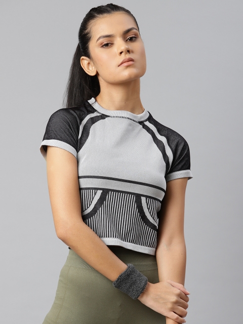 

HRX by Hrithik Roshan Women Black & Grey Printed Rapid-Dry Antimicrobial Training T-shirt