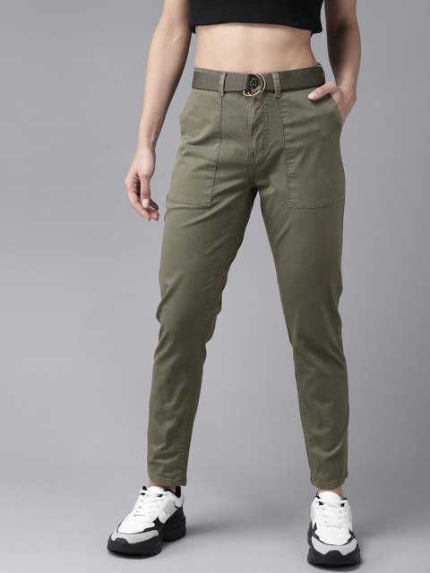 

Roadster Women Olive Green Knitted Slim Fit Solid Regular Trousers With Belt