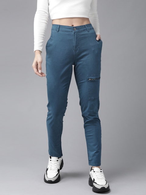 

The Roadster Lifestyle Co Women Teal Blue Knitted Slim Fit Solid Regular Trousers