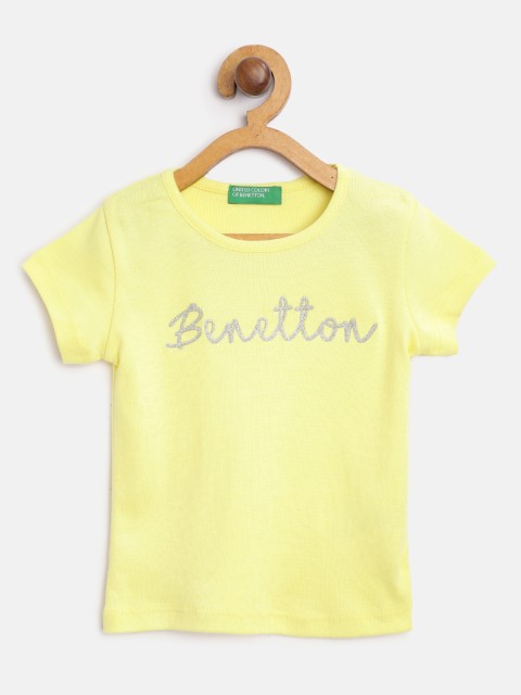 

United Colors of Benetton Girls Yellow & Silver Brand Logo Printed Pure Cotton T-shirt