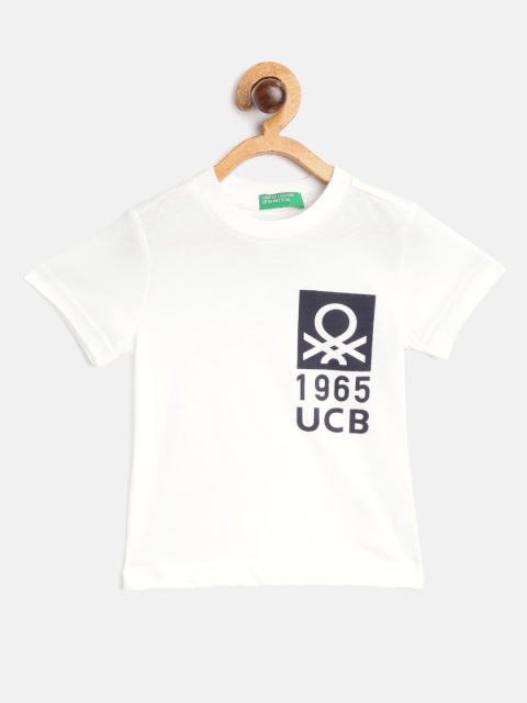 

United Colors of Benetton Boys White & Navy Blue Brand Logo Print Round Neck T-shirt