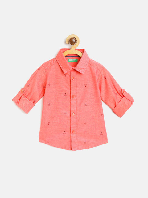 

United Colors of Benetton Boys Coral Pink Regular Fit Oxford Weave Printed Casual Shirt