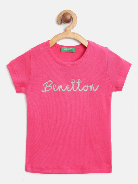 

United Colors of Benetton Girls Fuchsia & Silver Brand Logo Printed Cotton T-shirt