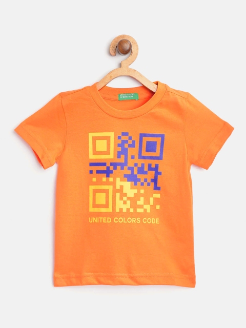 

United Colors of Benetton Boys Orange Yellow Pure Cotton Bar Code Printed Pure Cotton T-shirt
