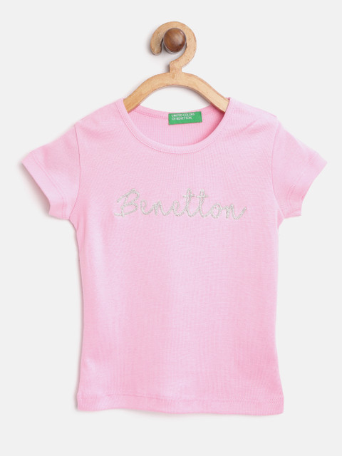 

United Colors of Benetton Girls Pink & Silver Brand Logo Printed Pure Cotton T-shirt